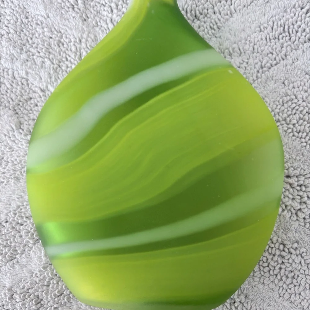 CRATE & BARREL Frosted Glass LIMA Vase Greens White Swirl 11